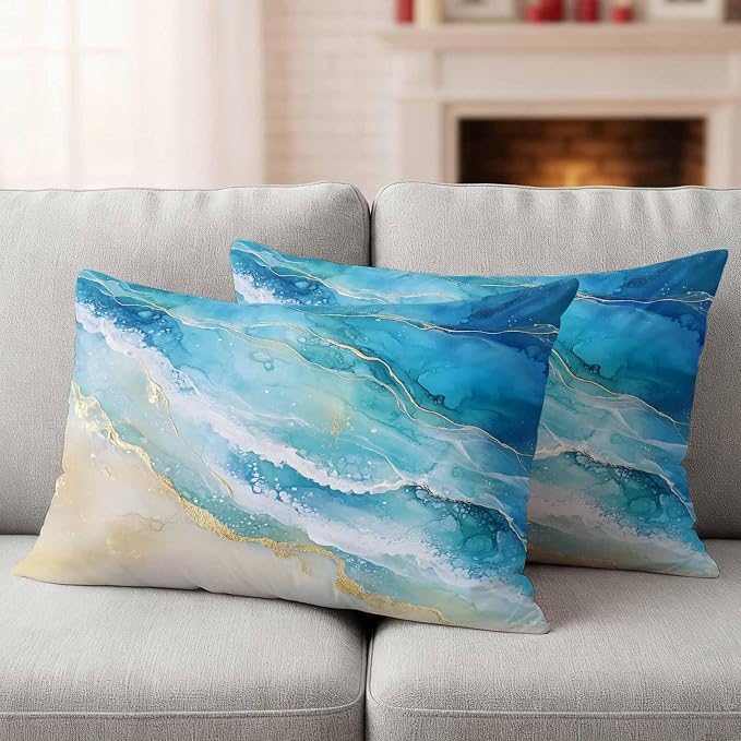 Abstract Waves Outdoor Waterproof Throw Pillow Covers Set of 2, 20"x12", Surrealism Spray Beach Ocean Watercolor Decorative Pillow Covers Outside Cushion Case for Patio Porch Garden
