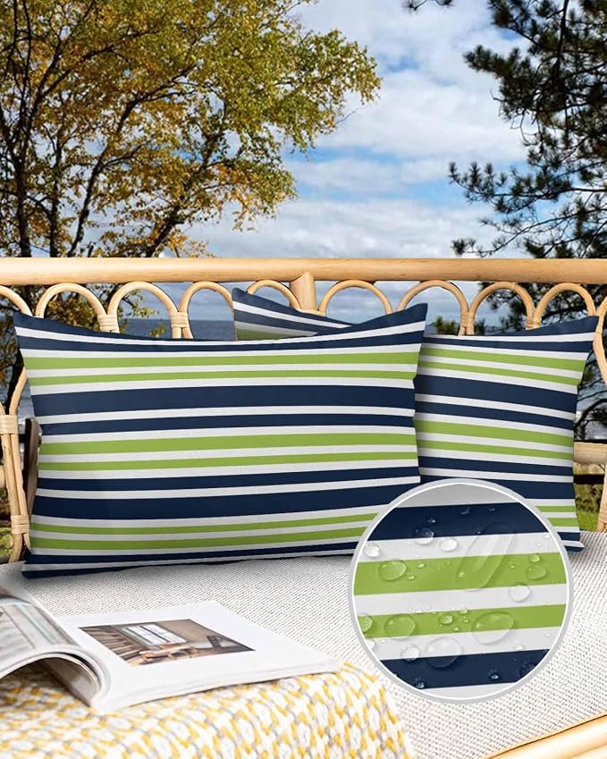 Outdoor Waterproof Throw Pillows Navy Blue Green Stripe Patio Pillows Pack of 2,Decorative Pillow Covers with Insert,Pillow Cushion Case for Garden Couch Sofa White Line