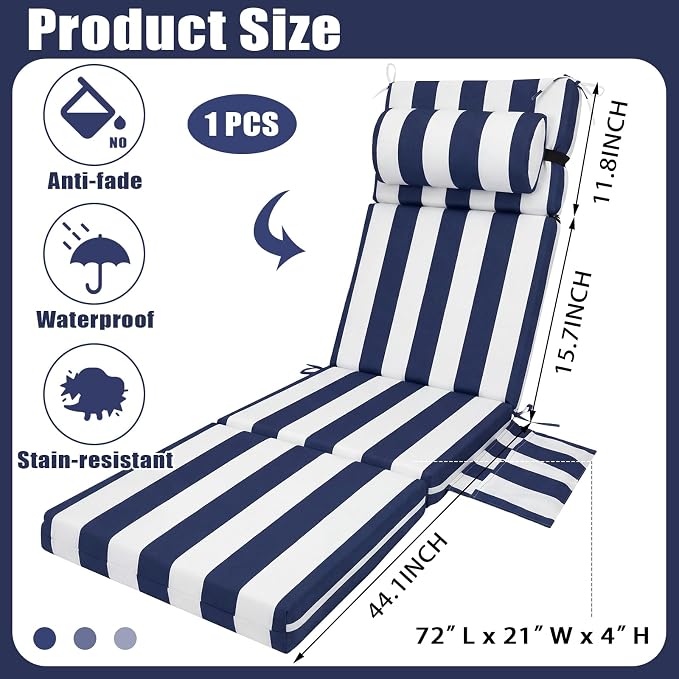 RattanView 1 Pcs Outdoor Chaise Lounge Cushion with Pillow and Side Pockets Waterproof Lounge Chair Cushion for Outdoor Furniture Patio Lounger Pad for Outside Pool Lawn (Navy Blue White,72 x 21 x 4)