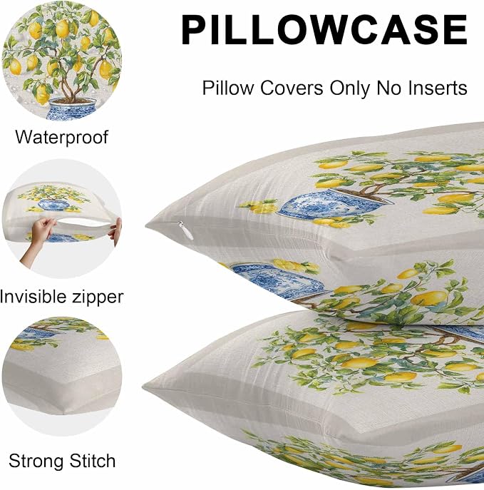 Summer Lemons Outdoor Pillow Covers 26x26 Inch Throw Pillow Covers Set of 2 Waterproof Decorative Pillow Cases Brown Beige Farmhouse Botanical Linen Cushion Covers for Patio Furniture Garden Couch