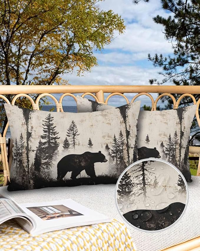 Outdoor Waterproof Throw Pillows Forest Brown Bear Silhouette Patio Pillows,Decorative Pillow Covers with Insert,Pillow Cushion Case for Garden Couch Sofa Minimalist Modern Art
