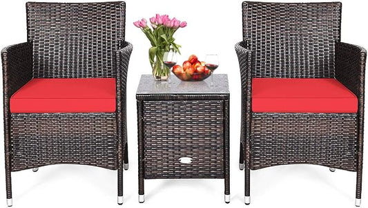 HAPPYGRILL 3-Piece Patio Furniture Set Outdoor Rattan Wicker Conversation Set with Coffee Table Chairs & Thick Cushions Bistro Sets for Patio Garden Lawn Backyard Pool