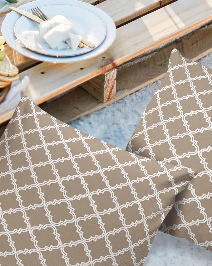 Outdoor Waterproof Pillow Covers for Patio Furniture Moroccan Pattern Decorative Throw Pillow Cover Beige Pillowcases Set of 2 Cushion Case for Sofa Couch Chair Home Decor 16x16 inch