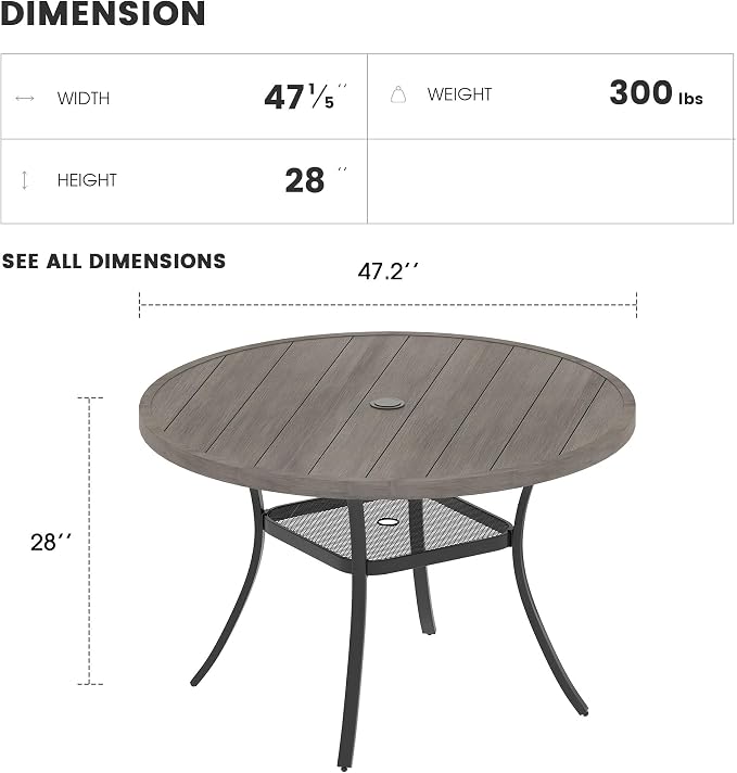 Patio Dining Table for 4-6, Round Metal Outdoor Table with 1.57" Umbrella Hole, 47" Outdoor Slat Tabletop Dining Table for Backyard, Porch, Lawn, Grey