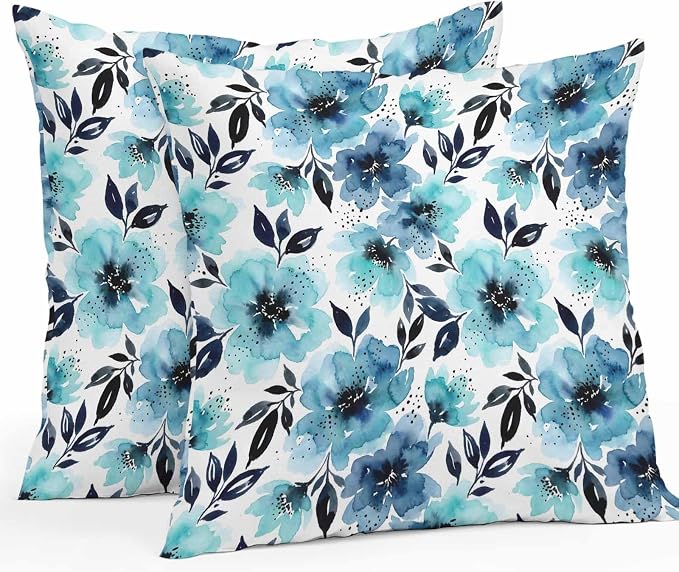 Botanical Floral Leaves Outdoor Waterproof Pillow Covers Pack of 2, Watercolor Painting Blue Gradient Blooms Throw Pillowcases Decorative Cushion Covers for Garden Patio Tent Sofa Couch, 26x26 inch