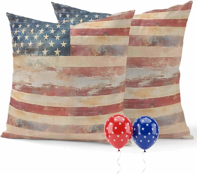Independence Day Outdoor Pillow Covers 26"x26" Set of 2, Retro Country USA Flag Memorial Day Waterproof Throw Pillow Covers for Patio Furniture, Decorative Cushion Covers for Porch