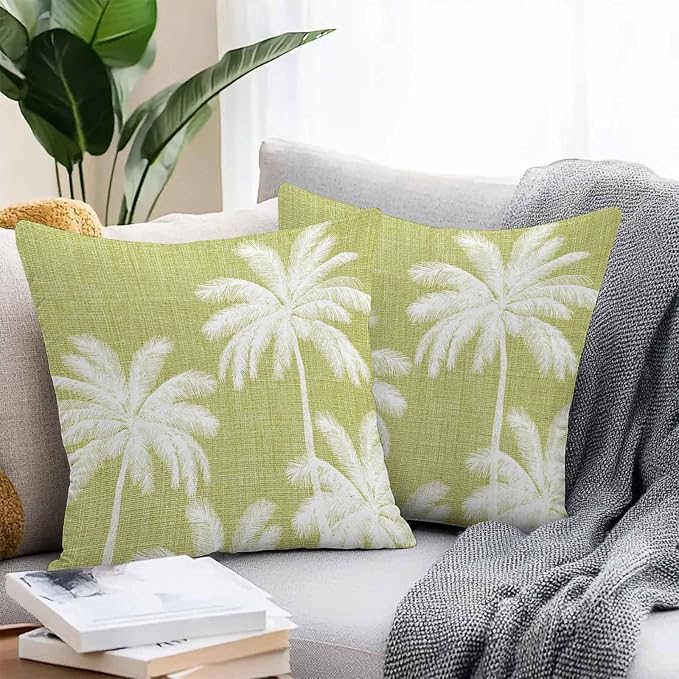 Outdoor Pillow Covers 20x20 Inch Set of 2, Yellow Palm Trees Waterproof Throw Pillow Covers, Farmhouse Tropical Summer Beach Decorative Cushion Pillowcases for Couch, Sofa, Bed, Garden, Patio