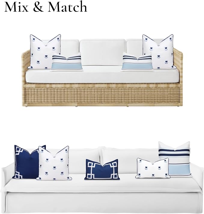 Hofdeco Premium Coastal Patio Indoor Outdoor Throw Pillow Cover Only, 20"x20" Water Repellent for Backyard, Couch, Navy Blue Embroidered Tulips Floral with Piping