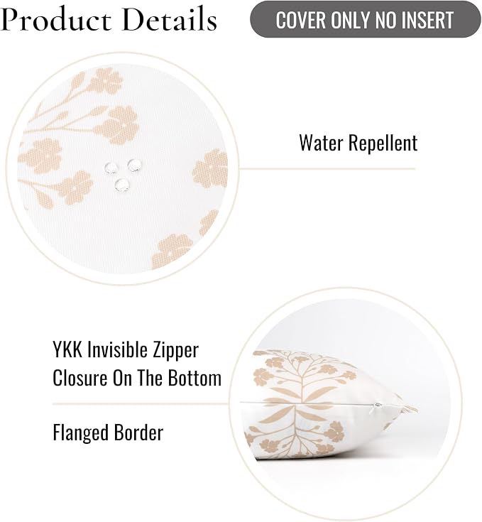 Hofdeco Premium Coastal Hampton Patio Indoor Outdoor Throw Pillow Cover Only, 20"x20" Water Repellent for Backyard, Couch, Poolside, Neutral Tan Print Floral