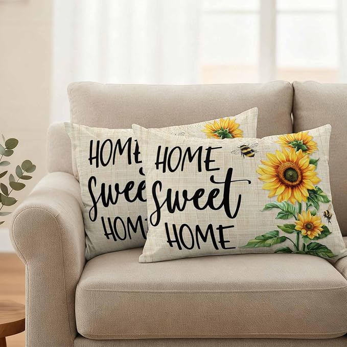 Lumbar Pillow Covers 20x12 Inch Set of 2, Spring Sunflowers Waterproof Outdoor Pillow Covers, Bee Beige Farm Country Rustic Decorative Cushion Pillowcases for Couch, Sofa, Bed, Garden, Patio