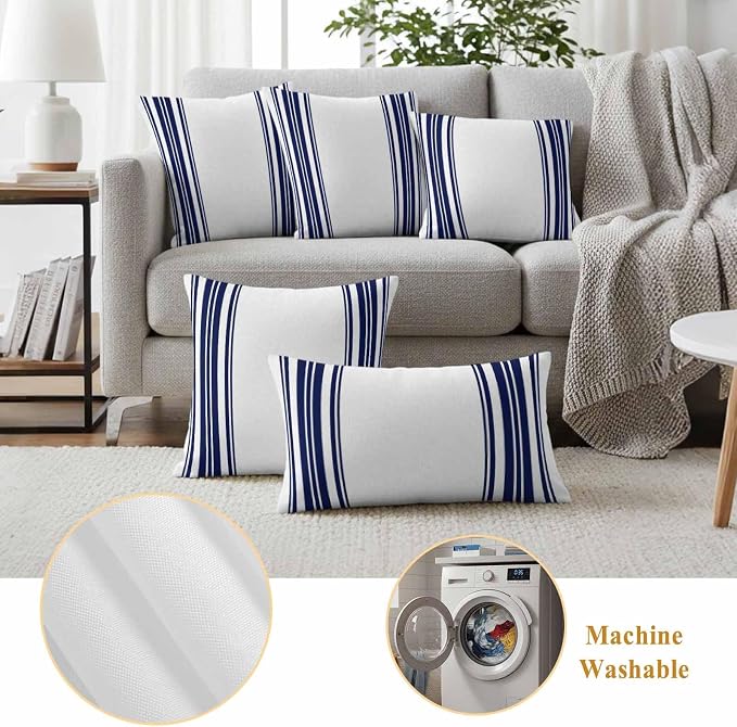 Outdoor Waterproof Throw Pillow Covers Set of 2 Navy Blue Stripes Pillowcases 20x20 Inches White Vertical Striped Decorative Pillows Cushion Case Patio Pillows for Couch Bed Chair Garden