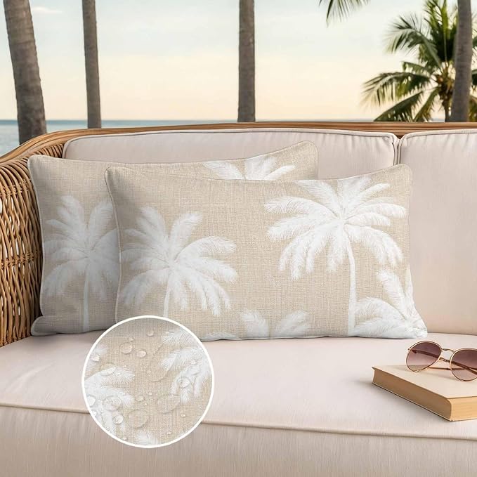 Lumbar Pillow Covers 20x12 Inch Set of 2, Beige Palm Trees Waterproof Outdoor Pillow Covers, Farmhouse Tropical Summer Beach Decorative Cushion Pillowcases for Couch, Sofa, Bed, Garden, Patio