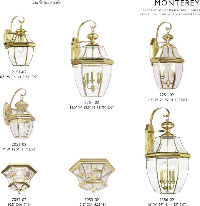 Livex Lighting 2051-02 Monterey 1-Light Wall Lantern, Polished Brass | Clear Beveled Glass; Solid brass construction