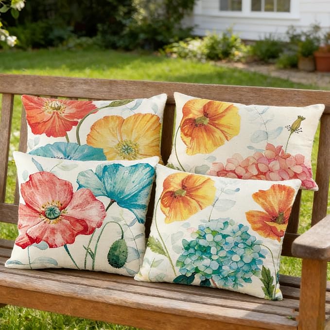 Floral Outdoor Lumbar Throw Pillow Covers Waterproof 12x20, Hydrangea Decor | Lotus Flower Decor, Waterproof, Hydrangea Pillow Covers, Set of 4, Outdoor Lumbar Pillows for Garden Porch Patio Furniture
