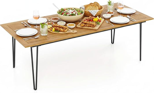 Tangkula 86.5" Large Patio Dining Table for 8, Acacia Wood 8-Person Dining Table with 2" Umbrella Hole & Metal Legs & Adjustable Foot Pads, Rectangular Outside Table for Garden, Poolside & Backyard