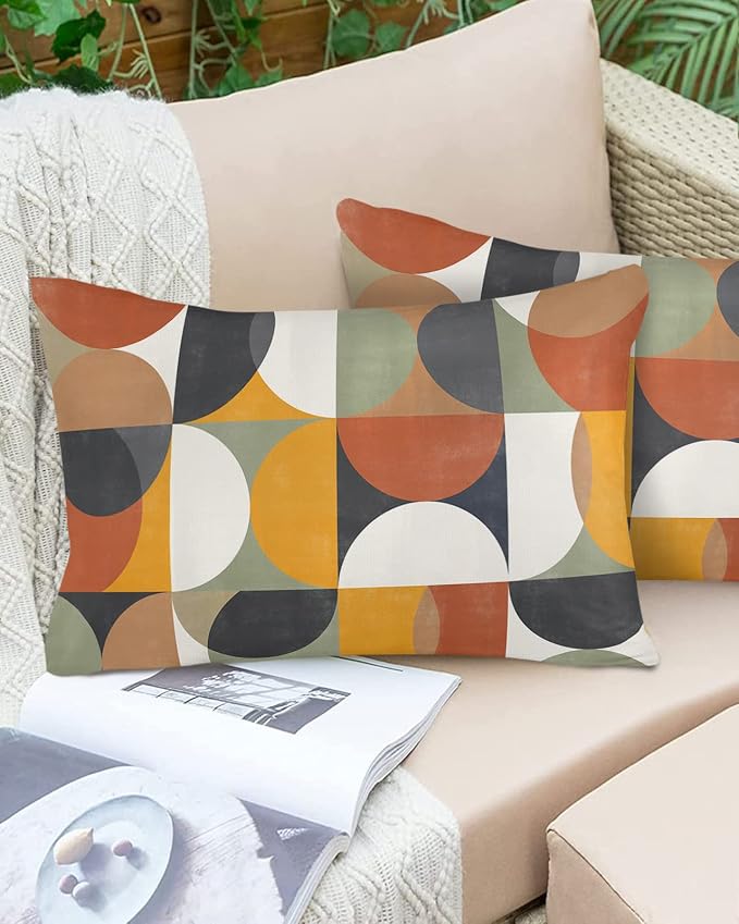 Vandarllin Outdoor Throw Pillows Covers 20x12 inch Set of 2 Waterproof Mid Century Geometric Decorative Zippered Cushion Covers for Patio Furniture, Abstract Modern Retro Lumbar Pillowcases