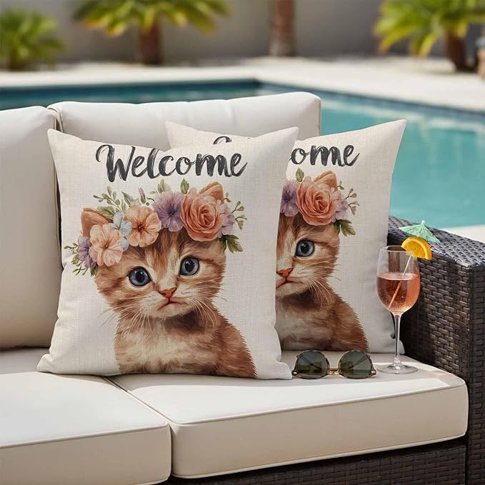 Cute Cat Outdoor Waterproof Throw Pillow Covers Set of 2, 18"x18", Garland Welcome Retro Decorative Pillow Covers Outside Cushion Case for Patio Porch Garden