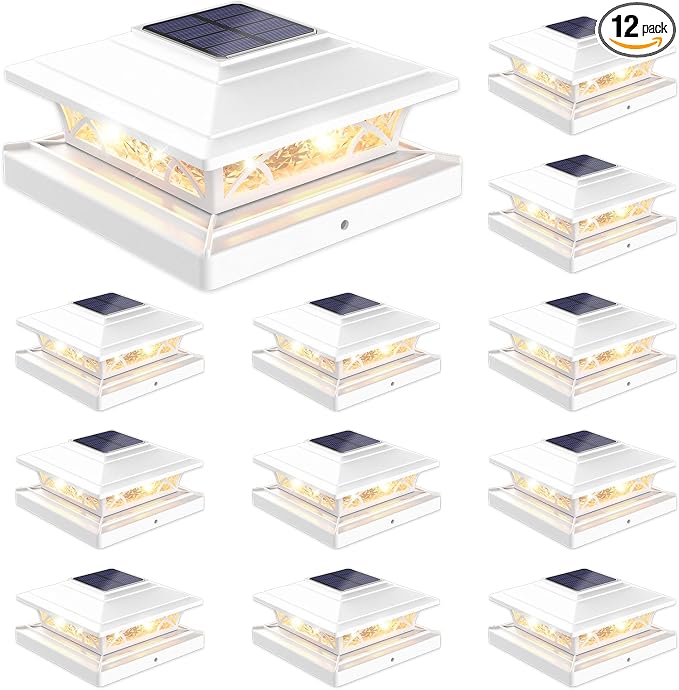 JOFIOS Solar Post Cap Lights Outdoor 12 Pack, White Deck Fence Post Lights Solar Powered with 16 LEDs 2 Lighting Modes, 4x4/5x5/6x6 Waterproof for Garden Patio Porch Backyard