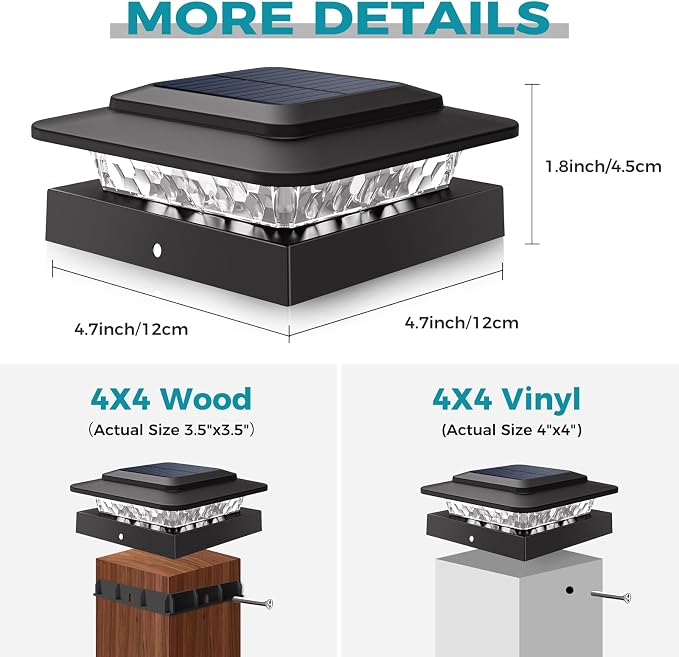 kolpop 4x4 Solar Post Cap Lights Outdoor 6Pack- 3 Color Temperatures& 2 Level Brightness, IP65 Waterproof, 16 LED Black Fence Deck Post Light Solar Powered for 4×4/3.5×3.5 Wood/Vinyl Posts