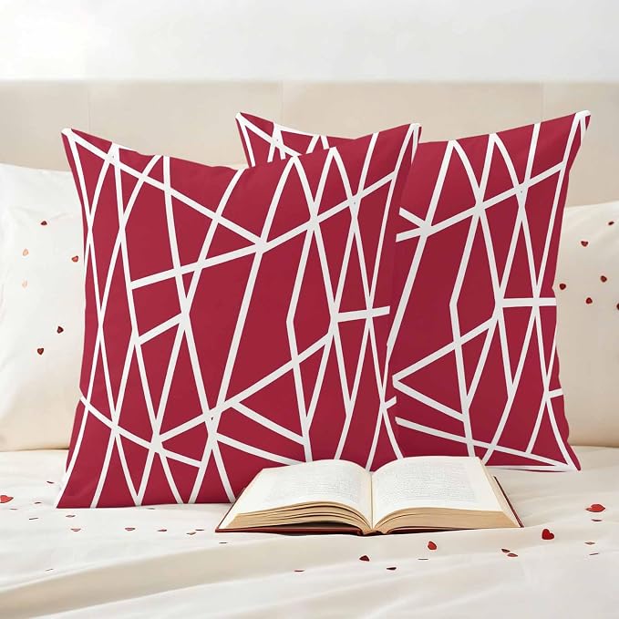 Outdoor Pillow Covers Waterproof, Red Geometric Decorative Square Throw Pillowcases Patio Cushion Covers for Tent/Garden, 20" x 20" 2 Pack, Abstract Stripes Modern Minimalist