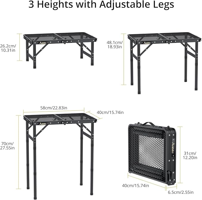 Anbte Folding Grill Table, Aluminum Camping Table Adjustable Height Max 27.5" Picnic Table Outdoor Table, Lightweight, Portable Handle for Travel Cooking BBQ Picnic, 22.8" x 16", Black