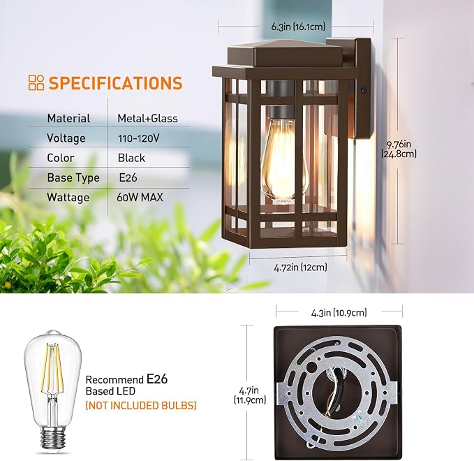 9.76'' Outdoor Wall Light Fixtures 2 Packs, Porch Lights Lantern | Waterproof Exterior Modern Brown Wall Mount Lighting, Anti-Rust E26 Outside Scones for House Front Door Garage, 2 Packs