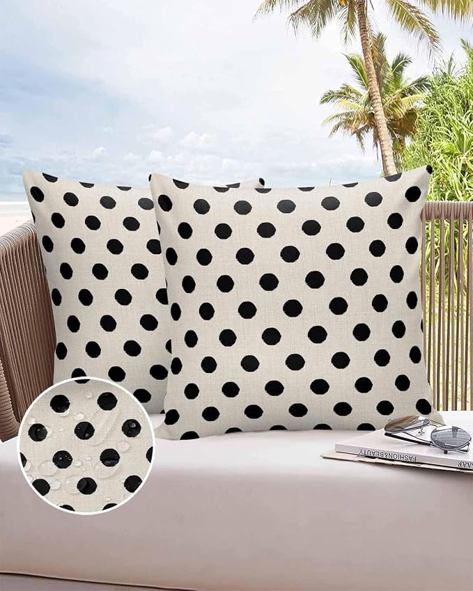 Outdoor Waterproof Throw Pillow Covers Set of 2 Black White Polka Dots Pillowcases 20x20 Inches Cute Solid Color Linen Decorative Pillows Cushion Case Patio Pillows for Couch Bed Chair Garden