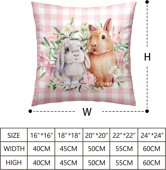 Spring Easter Pillow Covers 20x20 Pack of 2 Lovely Rabbit with Lily Flower Throw Pillow Covers Pink Plaid Bunny Pillow Case for Spring Easter Decoration Sofa Patio Garden