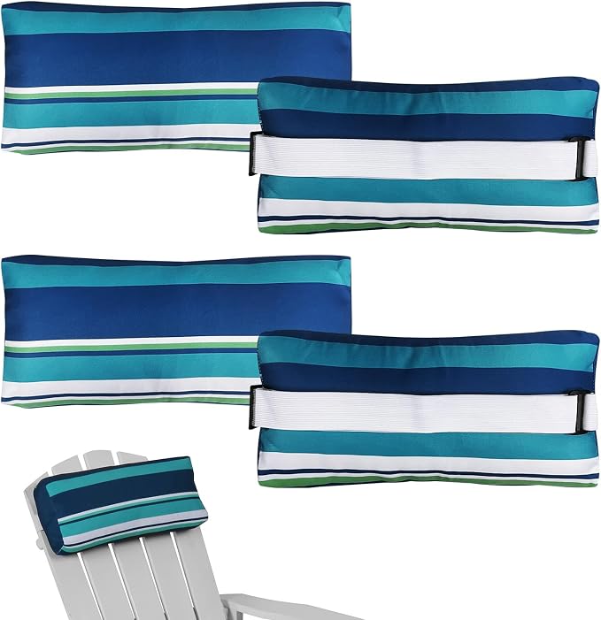 Outdoor Pillow for Chaise Lounge Chair, 4 Pack Chaise Lounge Pillows Water Resistant Head Support Pillow with Adjustable Strap for Patio Garden Pool Beach Chairs, Blue Stripes