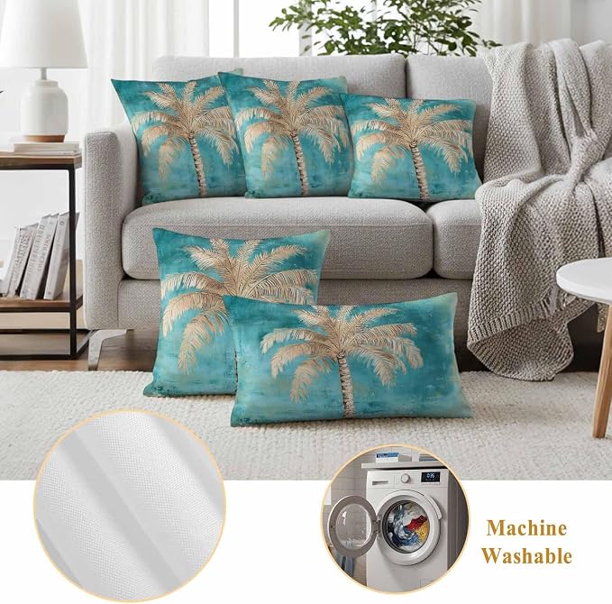 Coastal Beach Tree Outdoor Waterproof Pillow Covers, Vintage Teal Brown Decorative Square Throw Pillowcase, Tropical Palm Tree Sofa Cushion Sham for Patio/Couch/Chair, 24"x24" 2 Pack