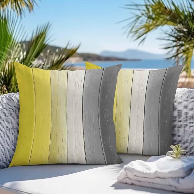 Throw Pillow Covers 16x16 Inch Set of 2, Yellow Gray Ombre Waterproof Outdoor Cushion Covers, Vintage Country Wooden Decorative Pillowcases for Couch, Sofa, Bed, Garden, Patio
