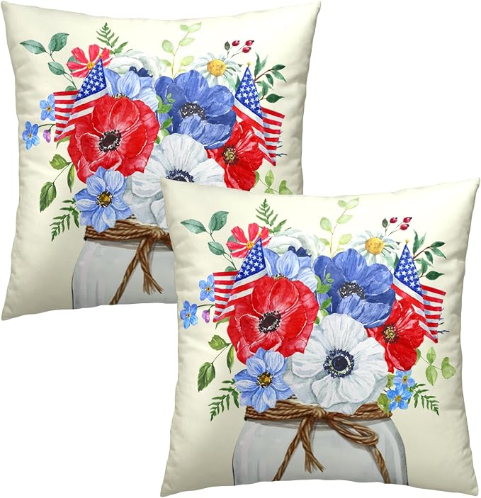 4th of July Flowers Pillow Covers 20x20 Inch, 2Pcs Blue Red Poppies with American Flag Pillow Case Independence Memorial Day Decorative Cushion Cover for Sofa Bed Couch