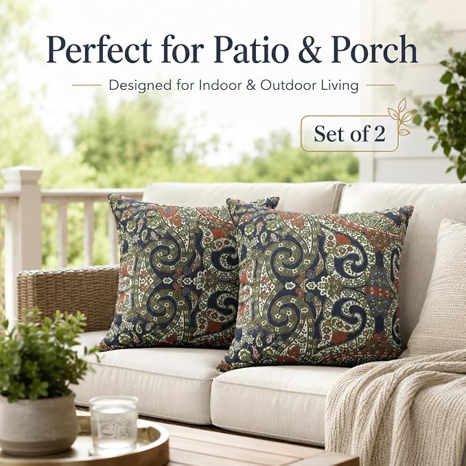 Outdoor Throw Pillows 18×18 Inch Pack of 2 Waterproof Decorative Patio Pillows with Inserts, Square Pillows for Garden Couch Sofa and Patio Furniture