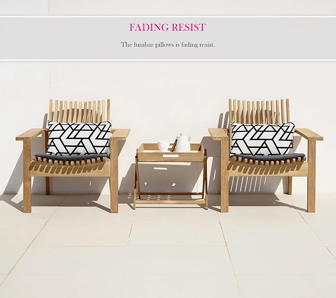 Pack of 2 Outdoor Waterproof Decorative Lumbar Pillows Covers for Patio Furniture, 20x12 Inch Fade Resistant Patio Garden Lumbar Cushion Covers for Couch Bed Sofa, Geometric Black