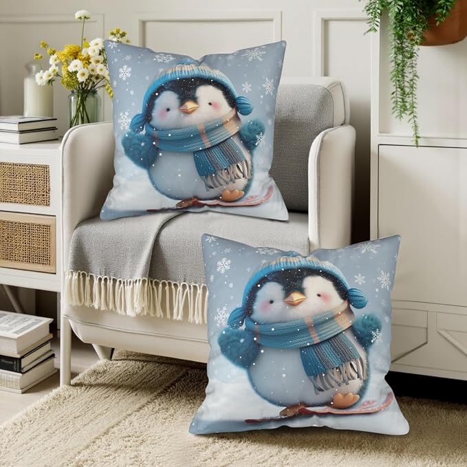 Winter Pillow Covers 18x18 Set of 2 Adorable Skiing Penguins Throw Pillow Covers Snowflakes Pillow Case Double Sided Printing Cushion Case for Home Decor Couch Sofa