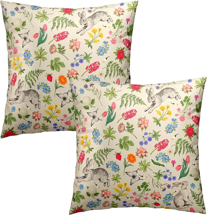 Spring Easter Throw Pillow Covers - Flower Sage Green Leaves Vintage Botanical Plants Pillow Cases Decorative for Rabbit Decor Couch Sofa Bedroom Living Room 18x18 Inch Set of 2