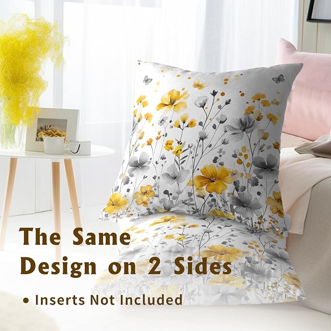 Watercolor Wildflowers Pillow Covers 16x16 Inch, Set of 2 Grey Yellow Spring Summer Blossom Floral Square Pillowcases Cotton Cushion Cover for Living Room Bed Sofa Home Decor