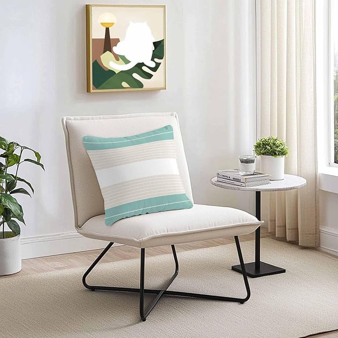 Turquoise Beige Stripe Outdoor Pillow Covers Waterproof, All Weather Cushion Case Set of 2, Modern Art Horizontal Striped Decorative Pillowcases for Sofa Couch Bed Decor Patio Furniture 16"x16"