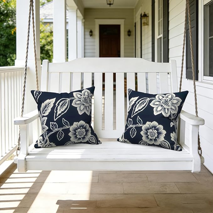 LVTXIII Outdoor Throw Pillows 16x16 Inch, Set of 2 Square Decorative Pillows with Inserts for Patio Furniture, Porch Chair, Garden Sofa, Elegant Vines Navy
