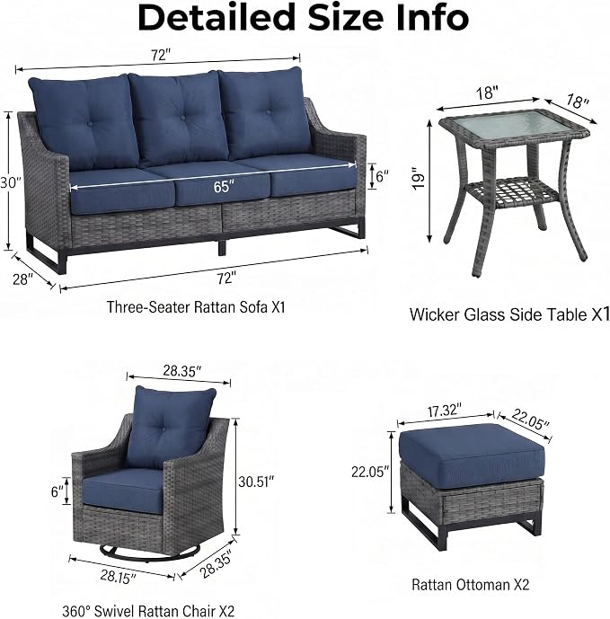 6 Pieces Patio Furniture Set, Weather-Resistant Wicker Swivel Rocker with Soft Cushions & Side Table,All Weather Outside Furniture with Ottoman for Porch, Garden, Backyard