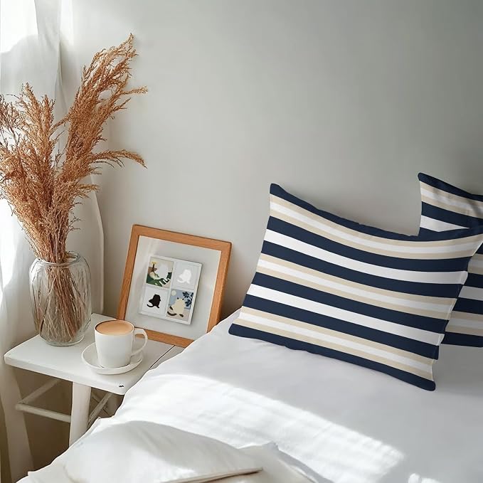 Khaki Navy Blue Striped Outdoor Pillow Covers Waterproof, All Weather Cushion Case Set of 2, Farmhouse Abstract Lines Art Lumbar Pillowcase for Sofa Couch Bed Decor Patio Furniture 20"x12"