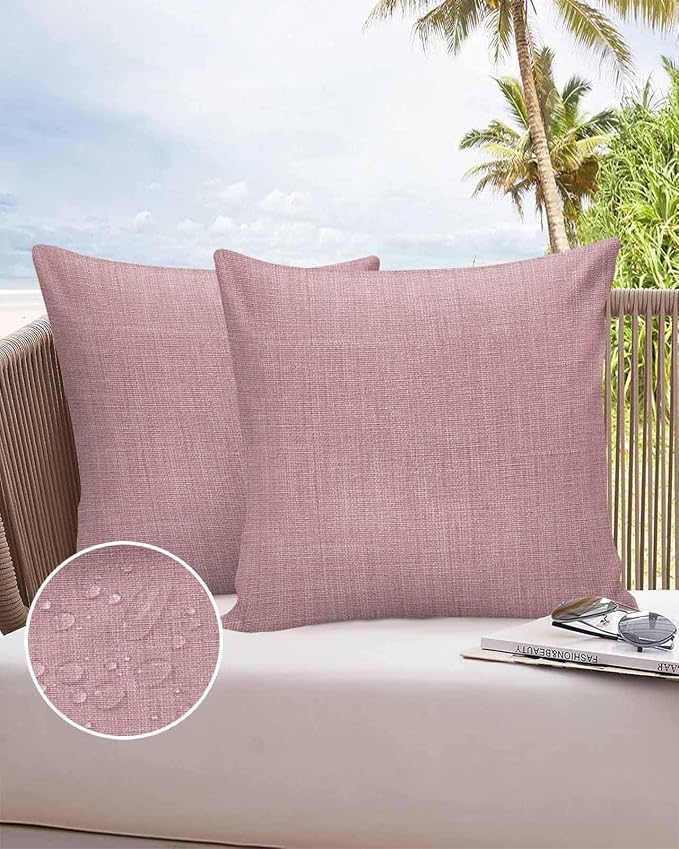 Vandarllin Outdoor Throw Pillows Covers 18x18 inch Set of 2 Waterproof Pink Linen Decorative Zippered Cushion Covers for Patio Furniture, Farmhouse Pure Color Lumbar Pillowcases