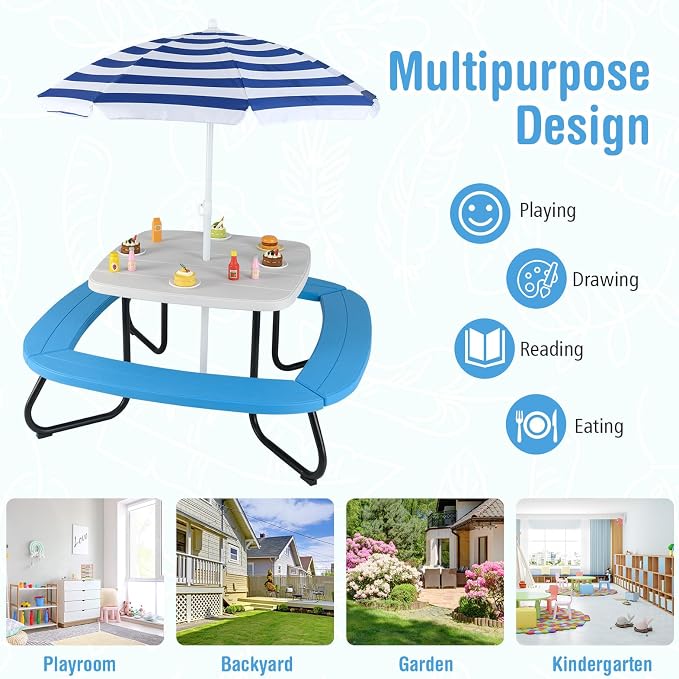 HONEY JOY Kids Picnic Table, 8 Person Toddler Outdoor Table and Chair Set, 4 Built-in Benches, Removable Umbrella, Metal Frame & HDPE Top, Children Outdoor Furniture for Backyard Patio Garden (Blue)