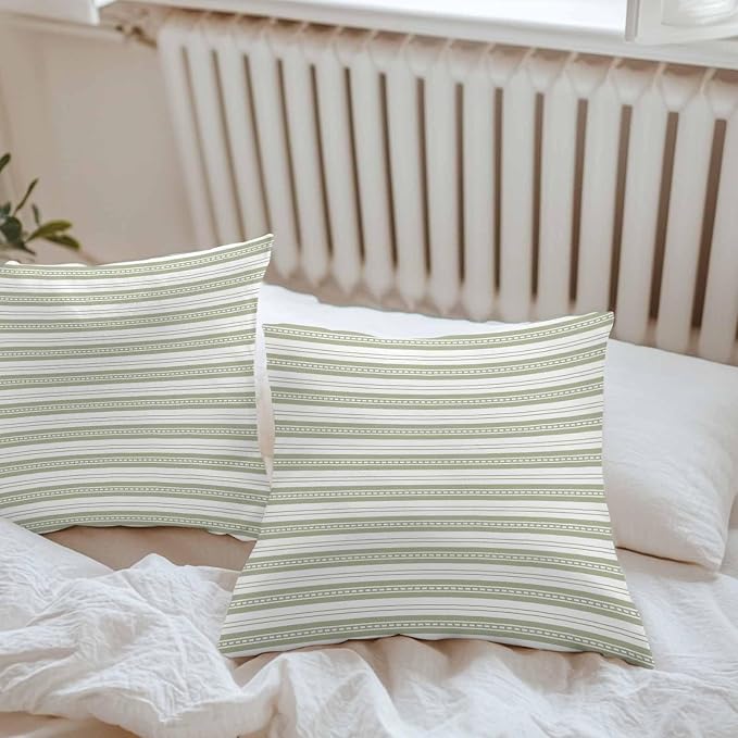Boho Sage Green Stripe Waterproof Outdoor Pillow Covers Set of 2 Home Decor, Abstract Geometric White Minimalist Pillowcase Patio Pillow Covers for Couch Bench Furniture Garden 20x20in