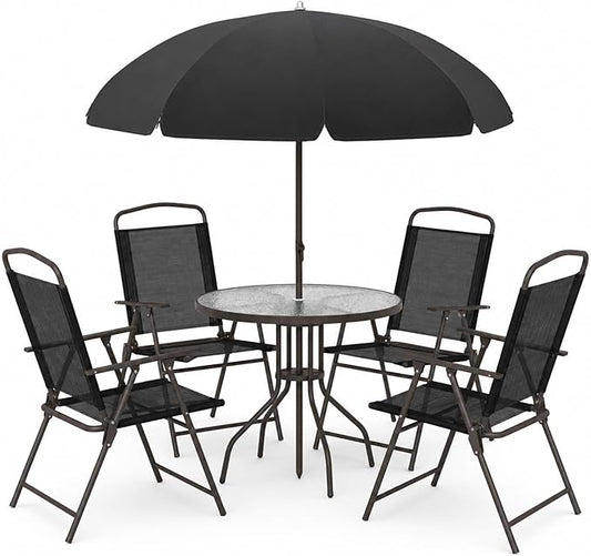 6-Piece Patio Dining Set for 4 with Umbrella, Outdoor Table and Chairs Set with 4 Folding Chairs, Round 31.5" Tempered Glass Table for Garden Backyard Poolside (Black)