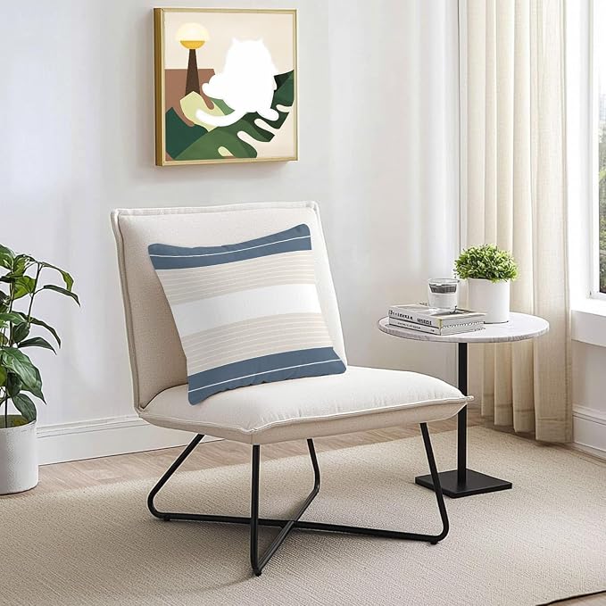 Haze Blue Beige Stripe Outdoor Pillow Covers Waterproof, All Weather Cushion Case Set of 2, Modern Art Horizontal Striped Decorative Pillowcases for Sofa Couch Bed Decor Patio Furniture 18"x18"