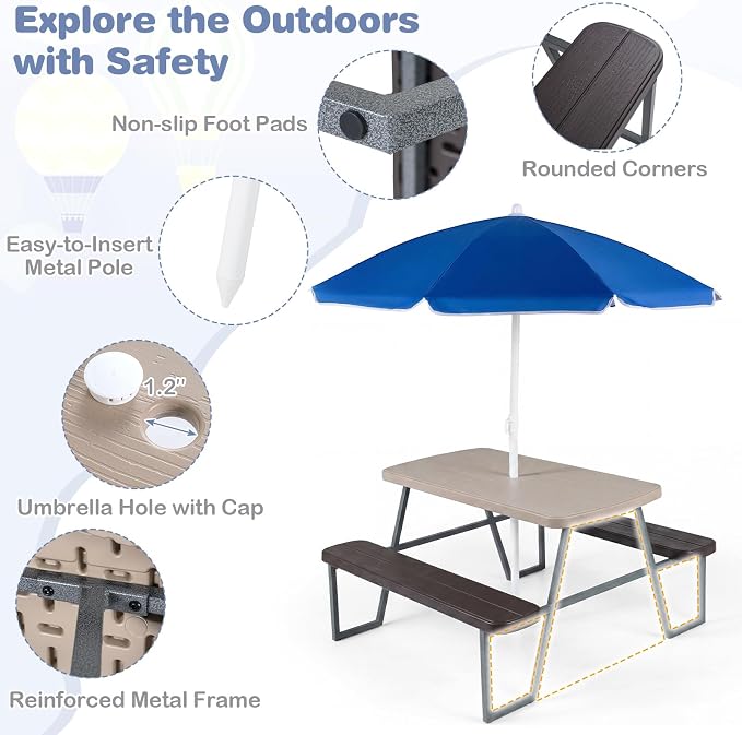 Costzon Kids Picnic Table, Toddler Outdoor Table & Bench Set with Removable Umbrella, HDPE Tabletop, Metal Frame, Kids Outdoor Furniture for Patio Backyard Garden, Fits 4 Children Age 3+ (Coffee)