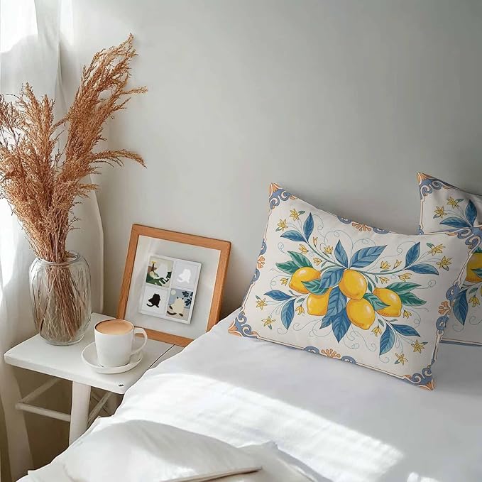 Lumbar Pillow Covers 20x12 Inch Set of 2, Yellow Blue Lemon Waterproof Outdoor Cushion Covers, Summer Botanical Farmhouse Decorative Pillowcases for Couch, Sofa, Bed, Garden, Patio