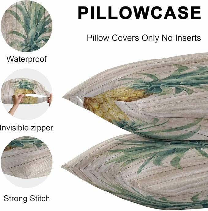 Vandarllin Outdoor Throw Pillows Covers 26x26 inch Set of 2 Waterproof Pineapple Decorative Zippered Cushion Covers for Patio Furniture, Summer Tropical Fruit Wood Lumbar Pillowcases