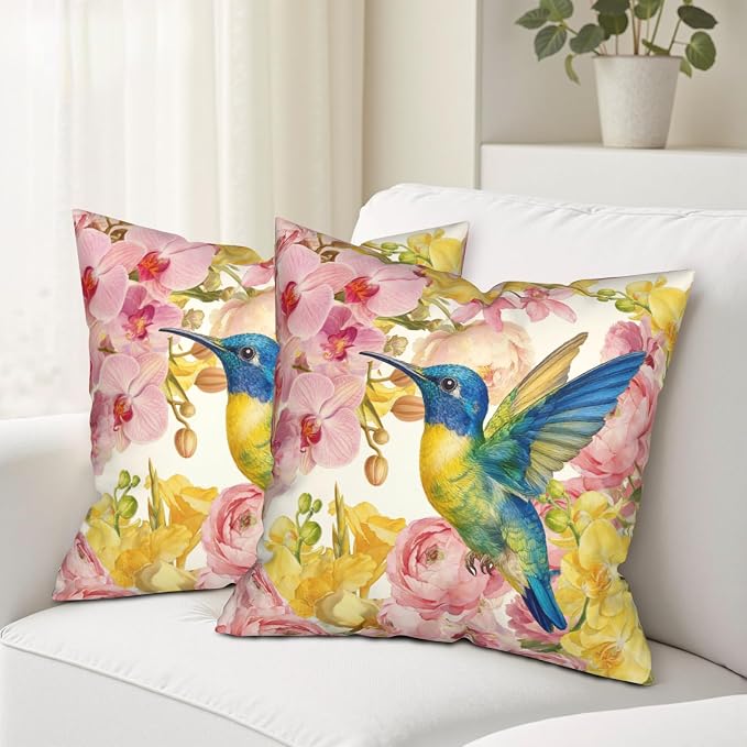 Spring Pillow Covers 16x16 Set of 2 Pink Yellow Moth Orchid Buttercup Floral Pillow Case Hummingbird Throw Pillow Covers for Home Decor Couch Sofa